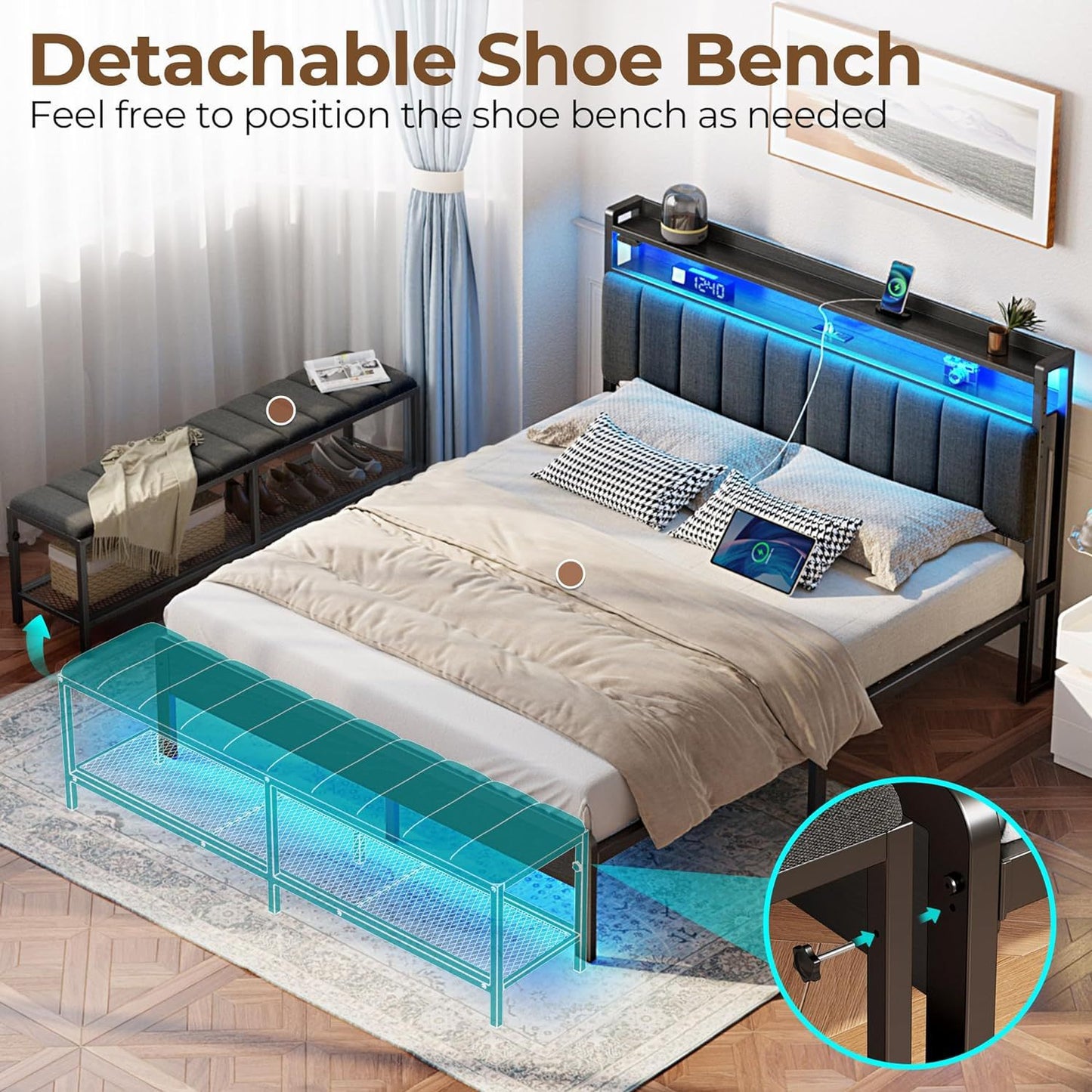 Industrial Style Queen Size Bed Frame with Charging Station & LED Lights, Upholstered Headboard with Storage Ottoman Bench, Heavy Duty Metal Slats