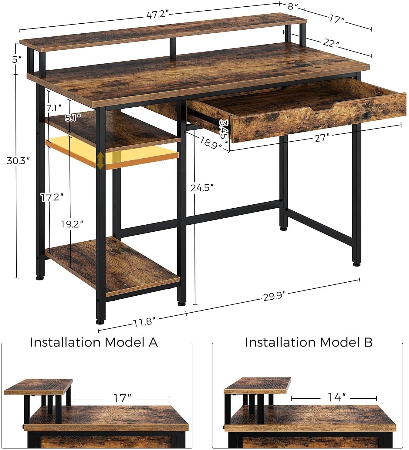 Rolanstar Computer Desk with Monitor Stand and Drawers, 47 Inch Home Office Writing Desk, Gaming Table, Study Table Workstation with Metal Frame