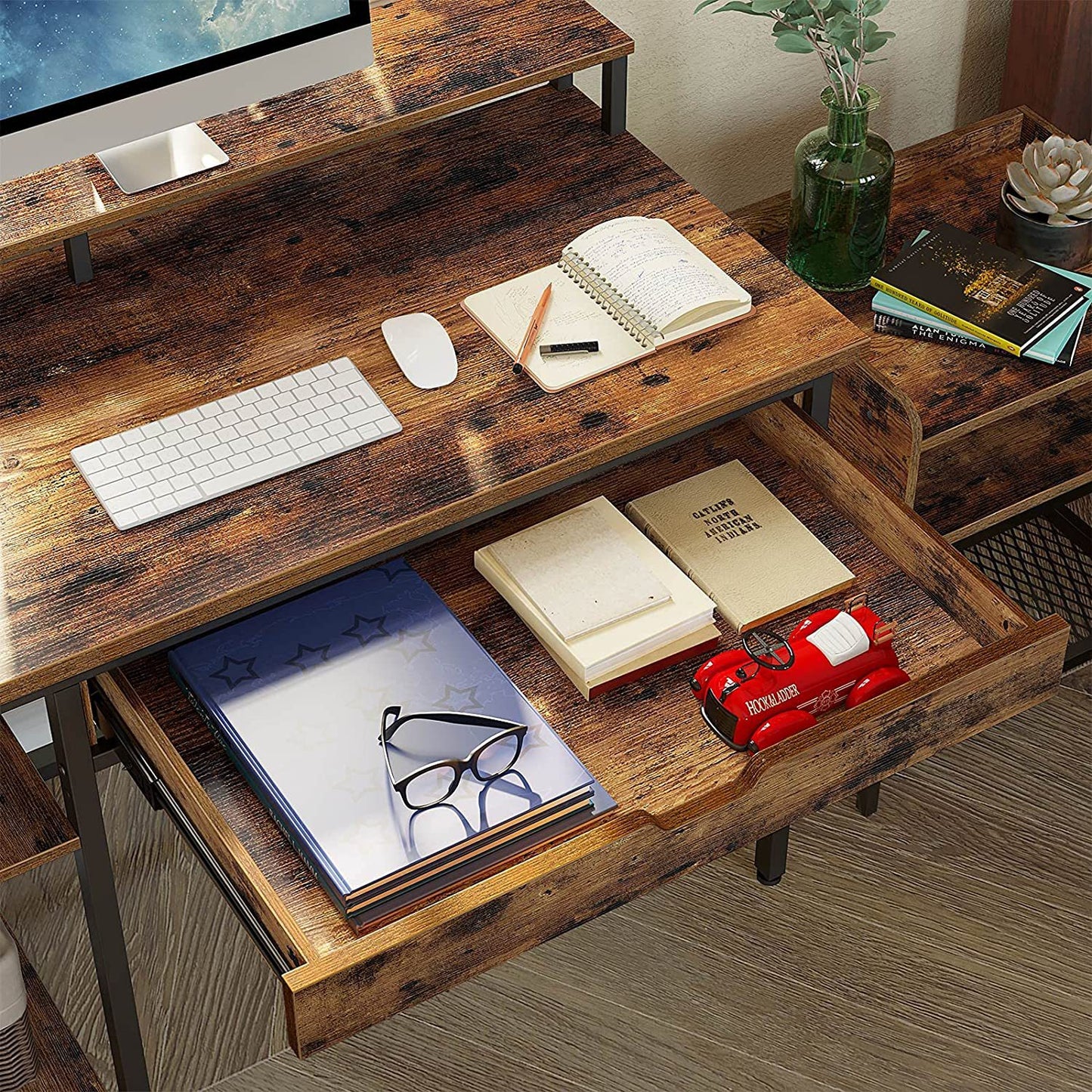 Rolanstar Computer Desk with Monitor Stand and Drawers, 47 Inch Home Office Writing Desk, Gaming Table, Study Table Workstation with Metal Frame
