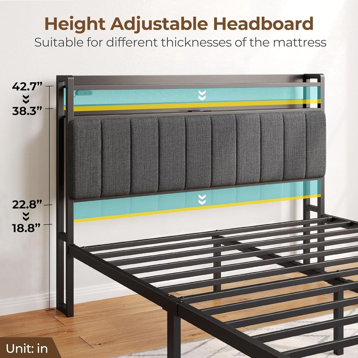 Industrial Style Queen Size Bed Frame with Charging Station & LED Lights, Upholstered Headboard with Storage Ottoman Bench, Heavy Duty Metal Slats