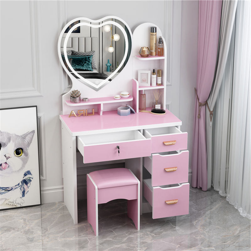 Heart-Shaped Mirror Makeup Vanity Table Set, Dressing Table with Cushioned Stool, 4 Drawers, and Storage Shelves