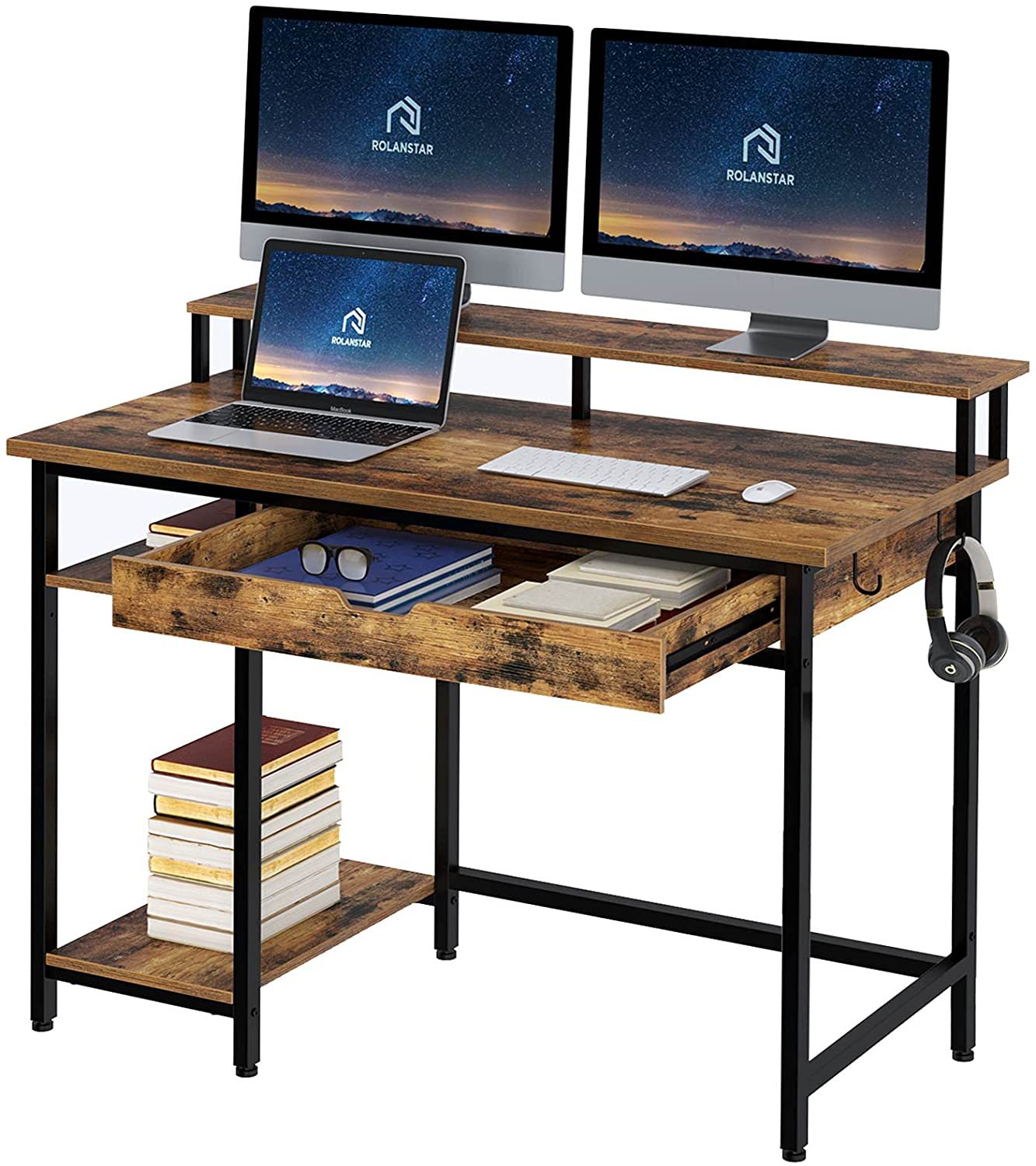 Rolanstar Computer Desk with Monitor Stand and Drawers, 47 Inch Home Office Writing Desk, Gaming Table, Study Table Workstation with Metal Frame