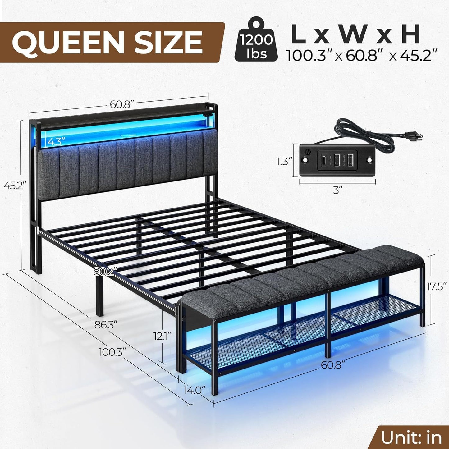 Industrial Style Queen Size Bed Frame with Charging Station & LED Lights, Upholstered Headboard with Storage Ottoman Bench, Heavy Duty Metal Slats