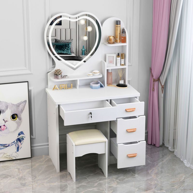 Heart-Shaped Mirror Makeup Vanity Table Set, Dressing Table with Cushioned Stool, 4 Drawers, and Storage Shelves