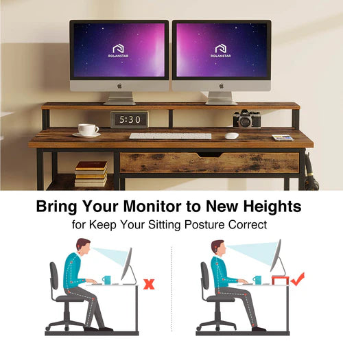 Rolanstar Computer Desk with Monitor Stand and Drawers, 47 Inch Home Office Writing Desk, Gaming Table, Study Table Workstation with Metal Frame