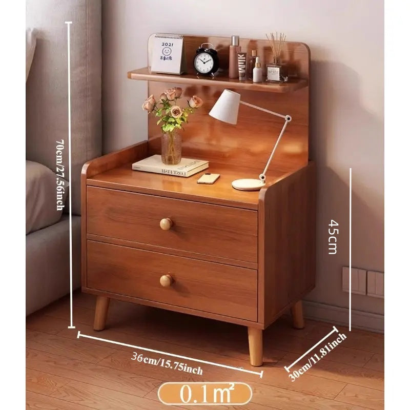 2-Drawer Mini Modern Nordic Style Bedside Table with Shelf, Wooden Nightstand, 70cm Height, for Home, Bedroom, Living Room and Office (Brown)