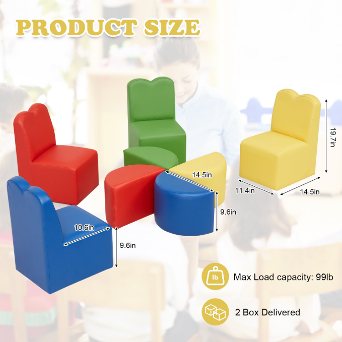 8PCS Toddler Sofa Couch – Kids’ Play Couch for Playrooms, Bedrooms, and Daycares. Multifunctional and colorful seating for indoor play and reading