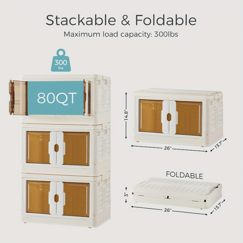 3-Tier Stackable Plastic Storage Bins With Lids Foldable Storage Boxes With Doors & Wheels 80QT/ 76L