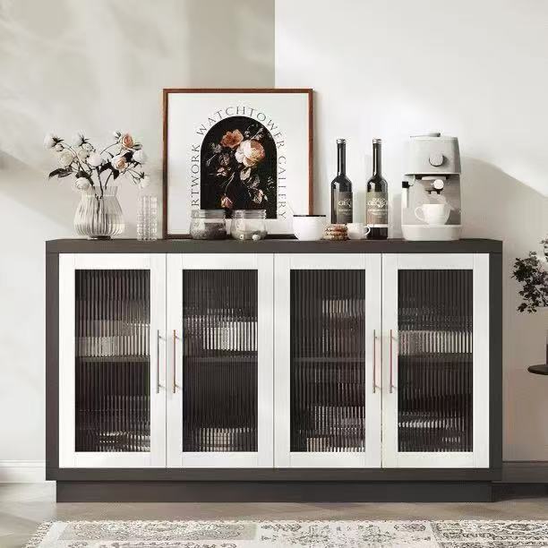 Wooden 55.1"W Modern Sideboard Buffet with Fluted Glass Doors, Accent Cabinet Console Table TV Stand, Brown & White