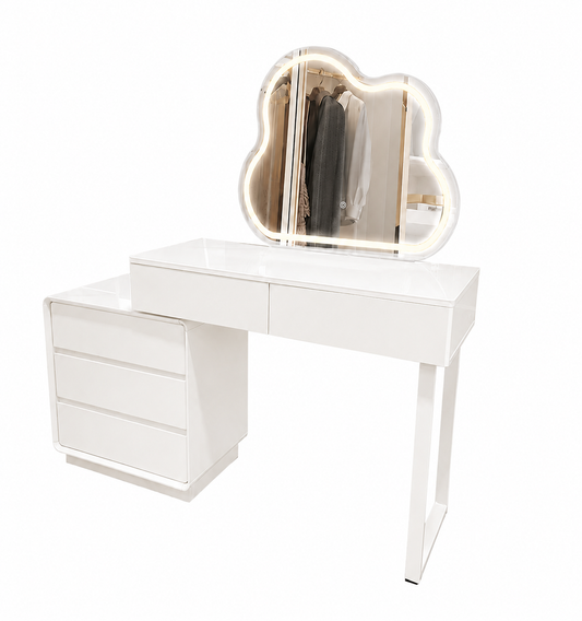 Modern Luxury Makeup Dresser with Cloud shape Mirror, 3 Drawer Glass Top Vanity Dresser and Led Light for Bedroom or Living Room