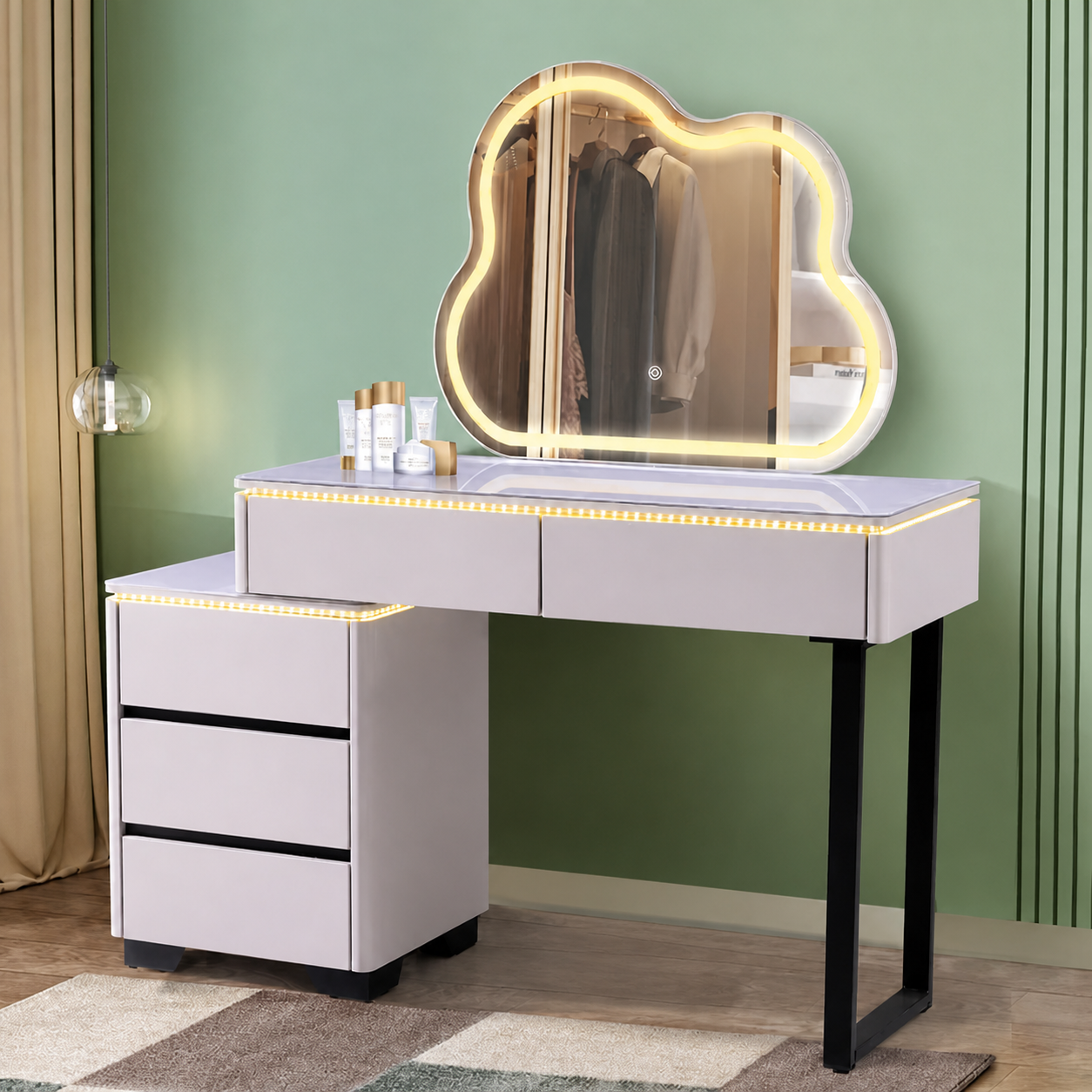 Modern Luxury Makeup Dresser with Cloud shape Mirror, 3 Drawer Glass Top Vanity Dresser and Led Light for Bedroom or Living Room (Light Grey)