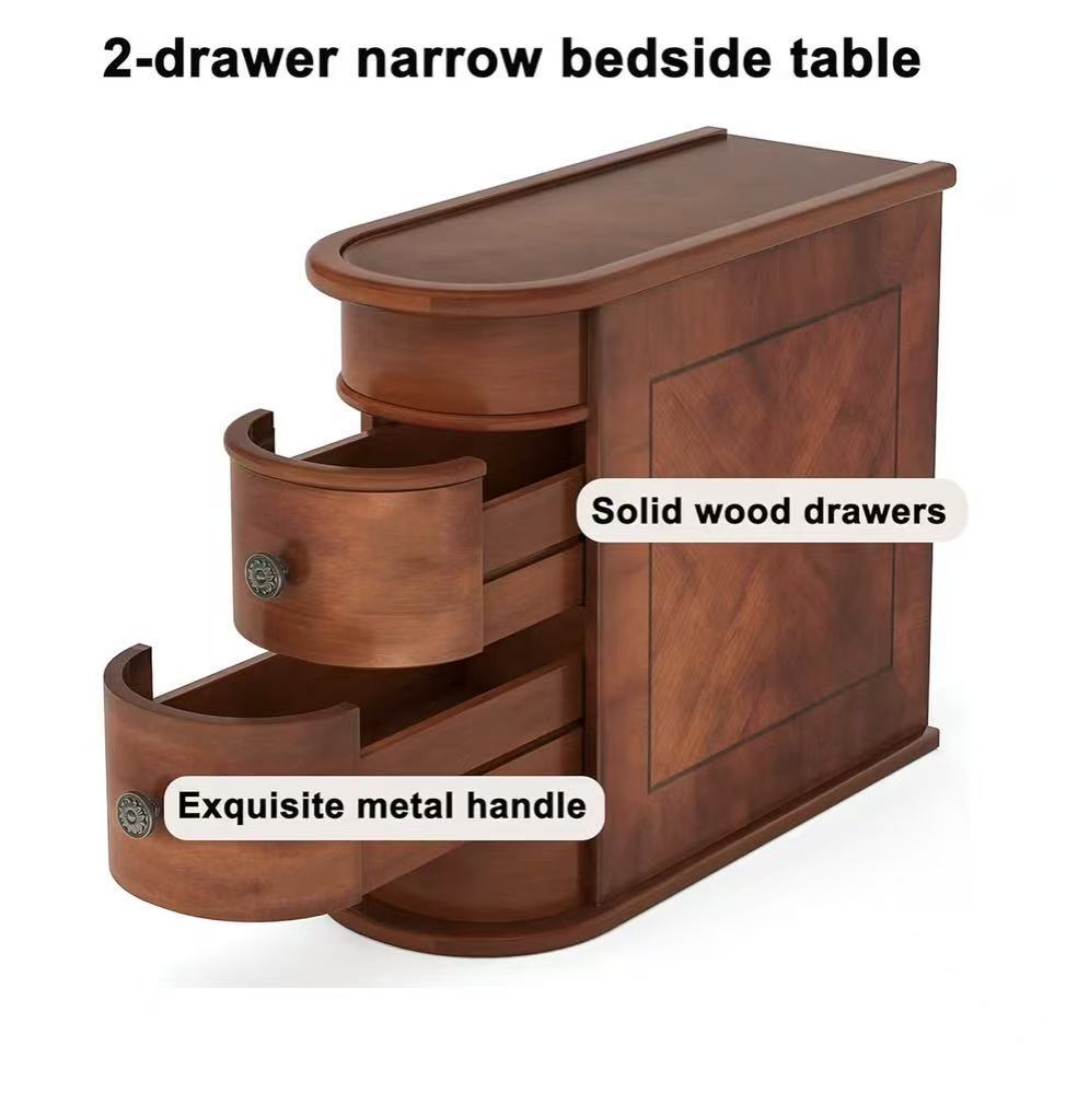 2-Drawer Solid Wood Narrow End Table, No Assembly Required Narrow Sofa Side Table for Living Room, Vintage Slim Nightstand Bedside Table for Bedroom Small Spaces