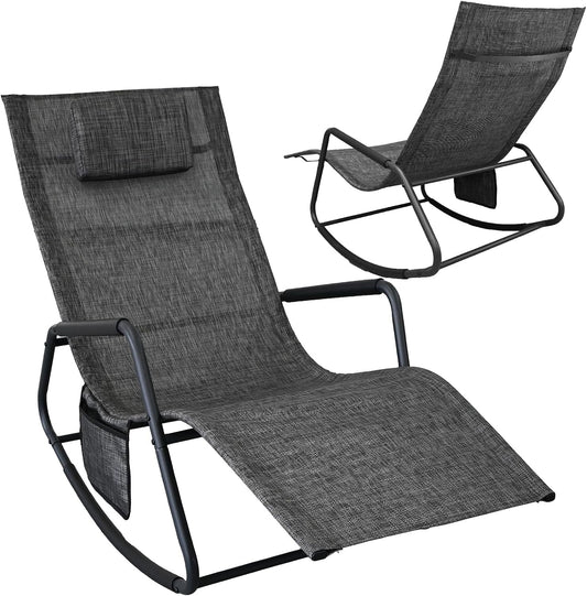 Set of 2 Outdoor Rocking Lounge Chairs, Ergonomic Textilene Chaise Loungers with Side Pockets & Removable Headrests, Breathable All-Weather Patio Chairs for Poolside, Garden & Porch, Gray and Beige