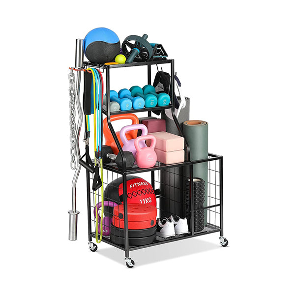 All-in-One Sports & Gym Storage Rack, Yoga Mat Storage Rack Workout Equipment Storage Rack for Dumbbells Kettlebell Resistance Band, Exercise Equipment Gym Rack Organizer with Wheel and Levelling Feet