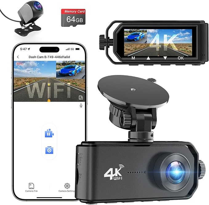 4K Dash Cam Front and Rear Camera, 4K+1080P Dual Dash Cam with WiFi, 3.12 Inch Screen Dash Camera for Cars, Dashboard Camera with Free 64G Card, Super Night Vision, Type-C Port