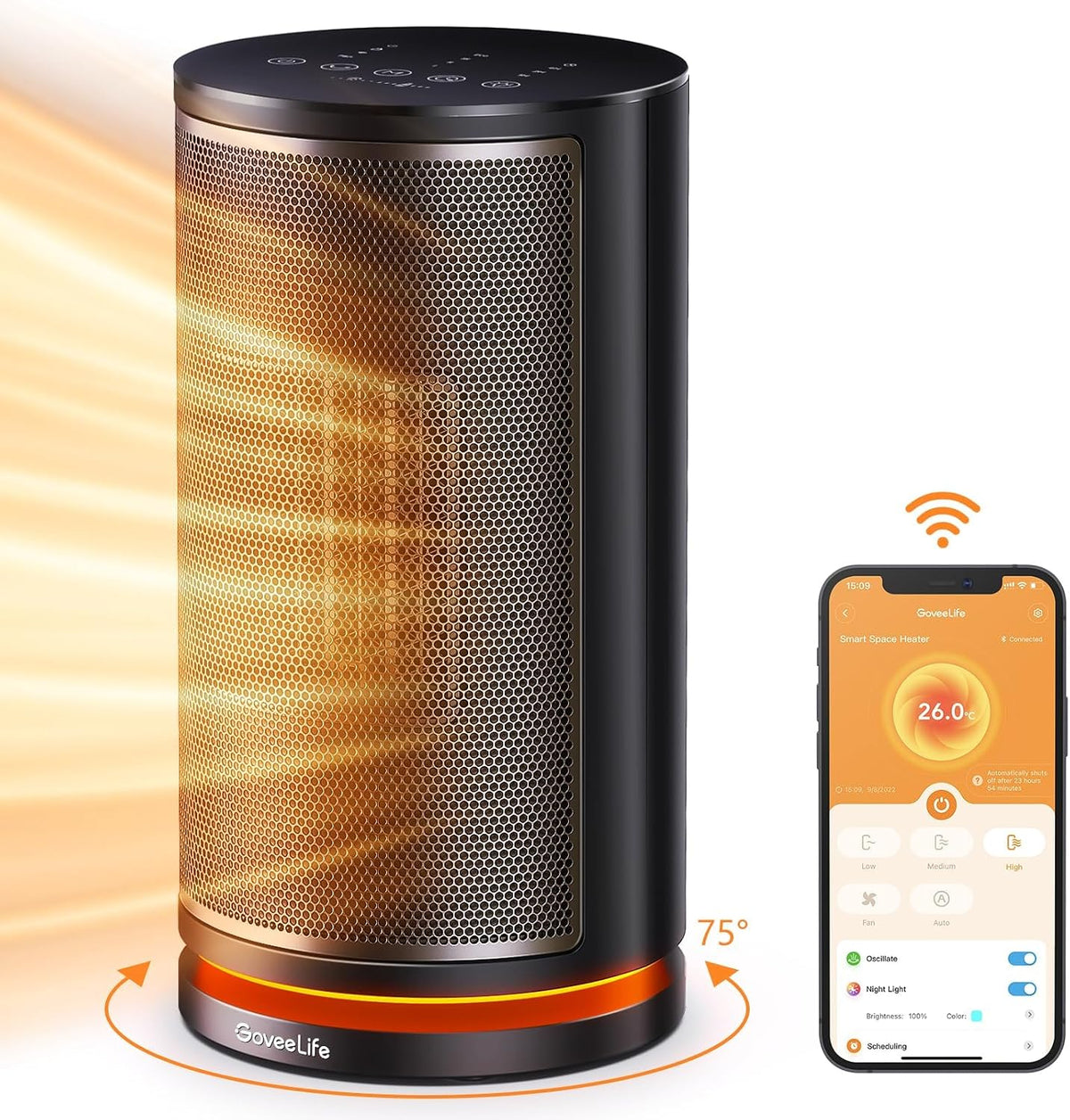 GoveeLife Smart Space Heater with Thermostat, 75° Oscillating Electric with Thermostat, App & Voice Remote, 24H Timer, Overheating & Tip-Over Protection, Energy ECO-Auto-Mode for Home Bedroom Office