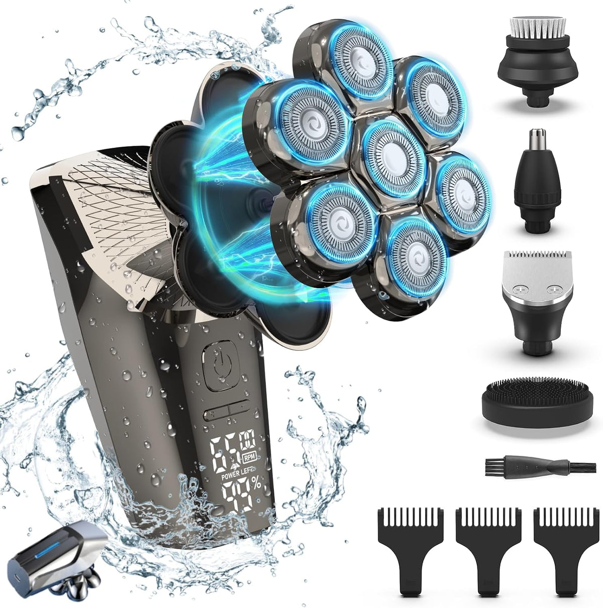 7D Head Shaver Detachable, 6-IN-1 Electric Razor LCD Display Skull Shaver for Bald Men 3 Speeds, IPX7 Waterproof Wet/Dry Electric Rotary Shaver Grooming Kit for Hair,Beard,Face Rechargeable