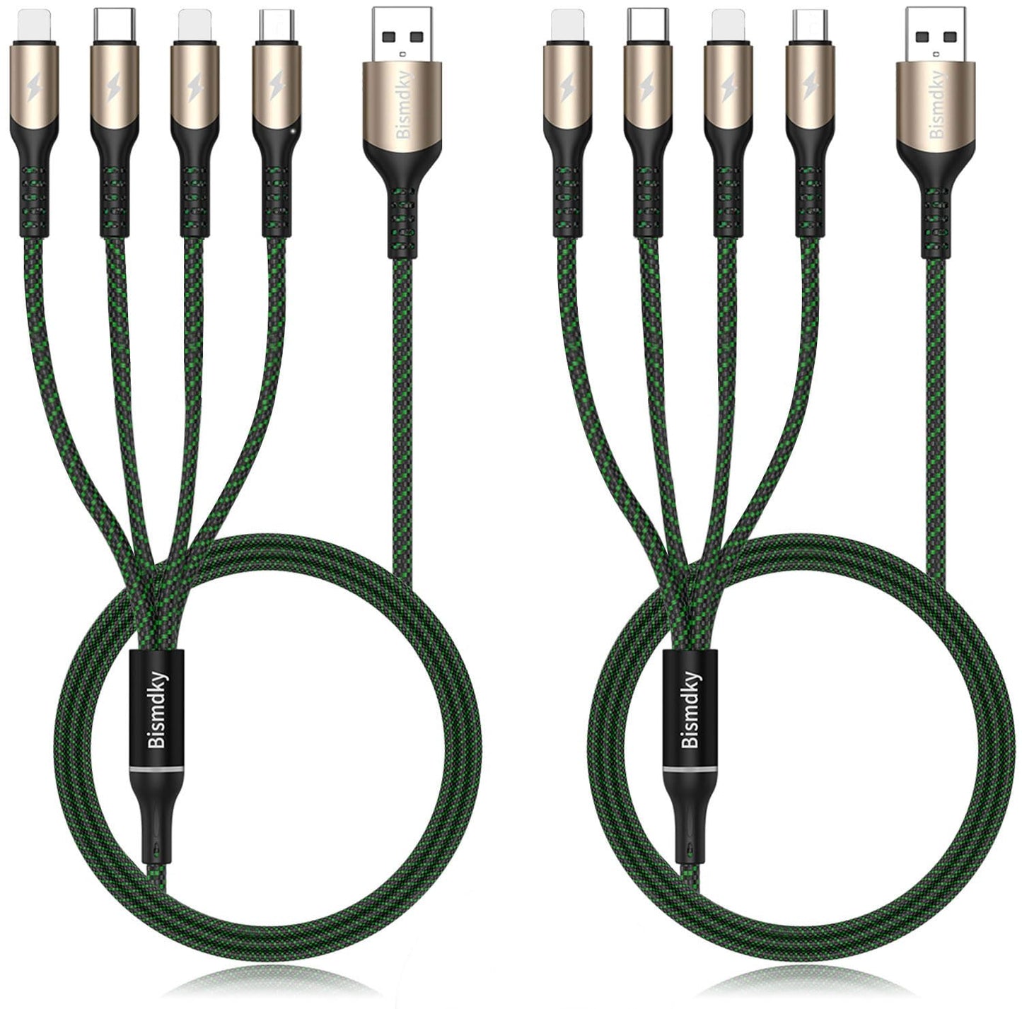 Multi Charging Cable,Bismdky 2Pack 4FT Nylon Braided Universal 4 in 1 Multiple USB Cable 3A Charging ，with Dual Phone/USB-C/Micro-USB Port Adapter Connectors for Cell Phones Tablets and More