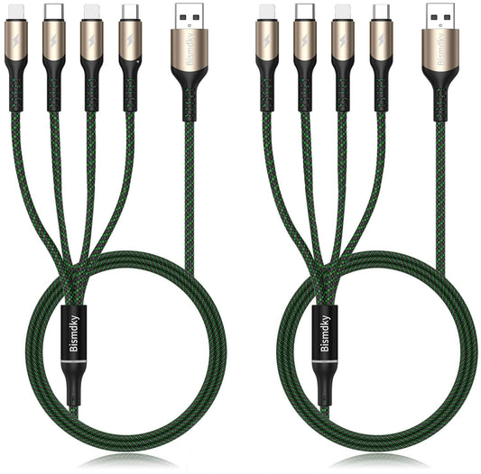 Multi Charging Cable,Bismdky 2Pack 4FT Nylon Braided Universal 4 in 1 Multiple USB Cable 3A Charging ，with Dual Phone/USB-C/Micro-USB Port Adapter Connectors for Cell Phones Tablets and More