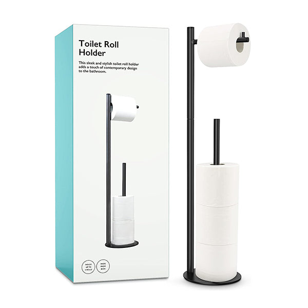 Toilet Paper Holder Stand, Bathroom Free Standing with Storage, Black
