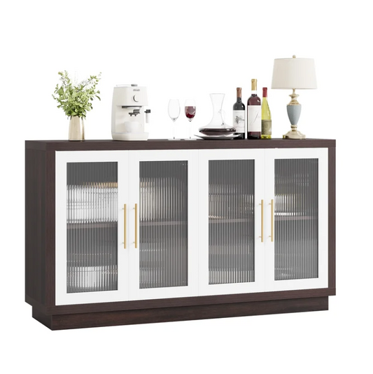 Wooden 55.1"W Modern Sideboard Buffet with Fluted Glass Doors, Accent Cabinet Console Table TV Stand, Brown & White