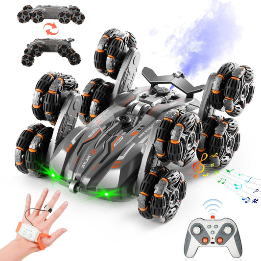 8WD Remote Gesture Sensing Stunt Control Car with Light Spray Effect, Music & Automatic Demonstration 8 Wheel 360°Flip Double Sided Rotate Stunt Car, 2.4Ghz RC Car Toy for Age 3-14 Kids Gifts (Black)