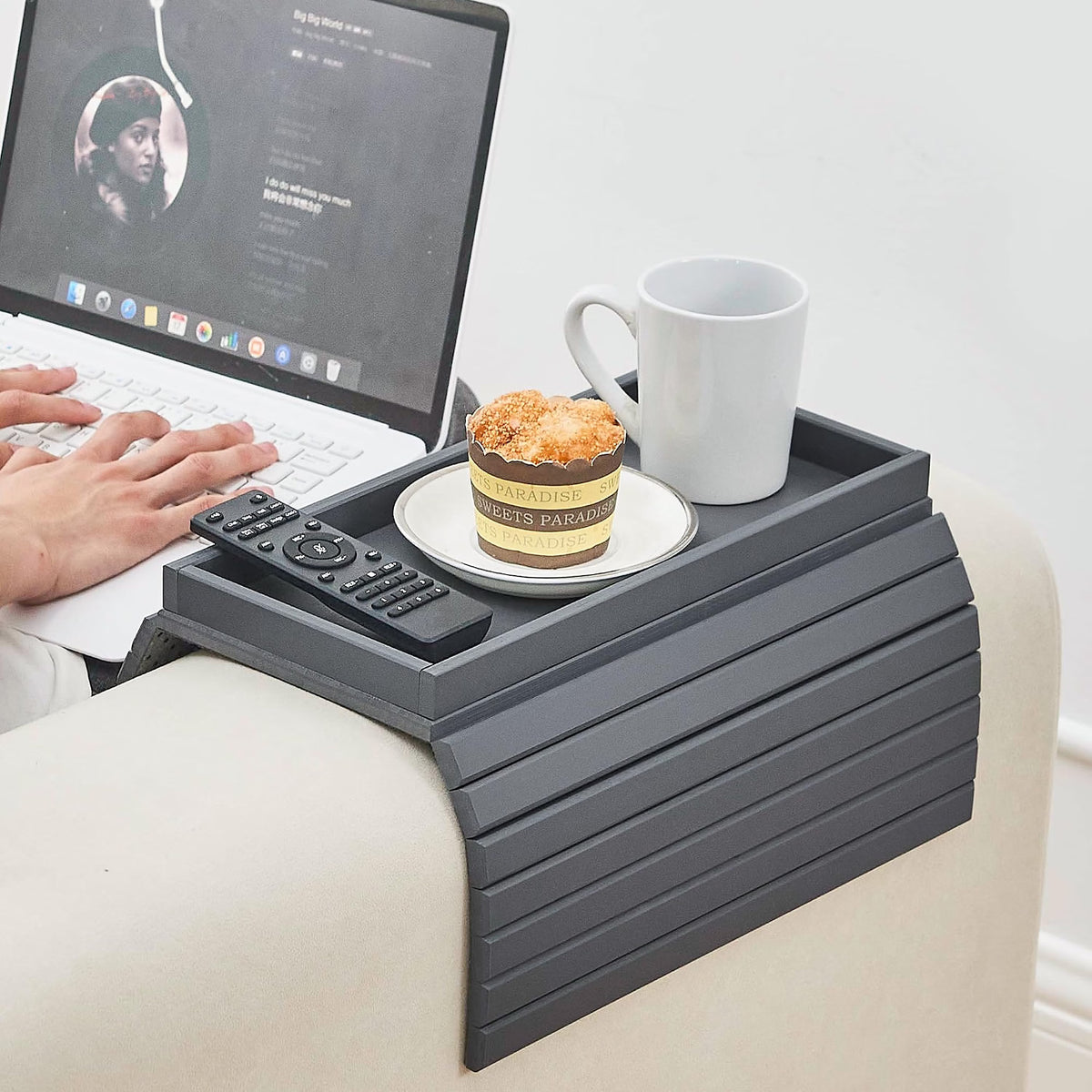 Maxxus Bamboo Sofa Arm Tray Table for Couch, Anti-Slip Armrest Clip On Tray, Cup Holder for Snacks, Phone, Control, Cups - Flexible and Foldable (Gray)