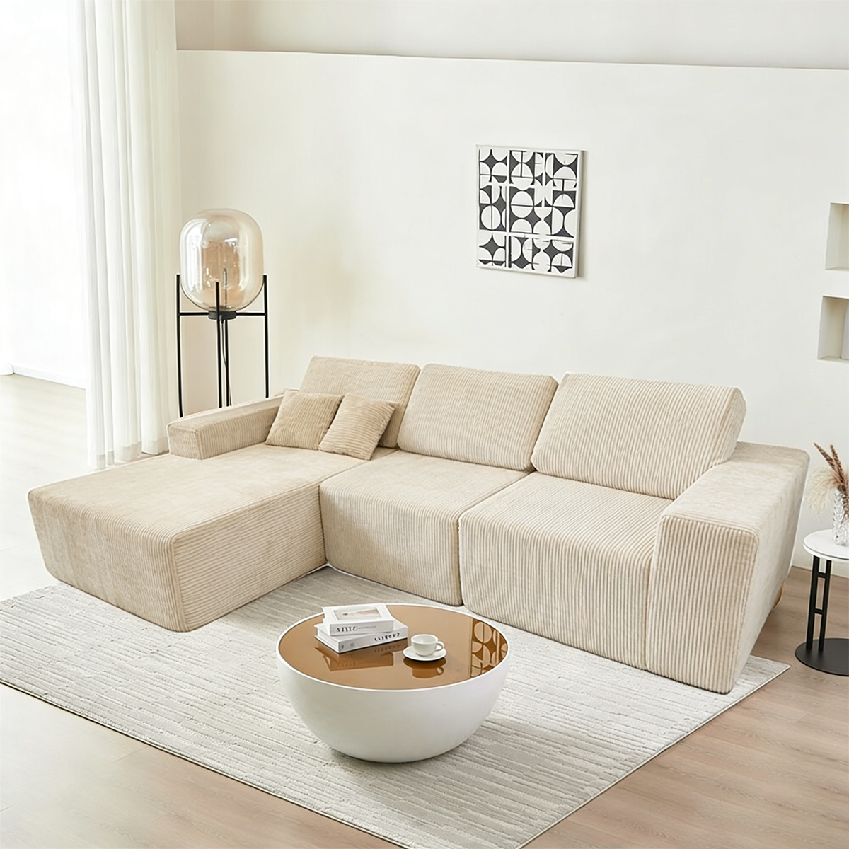 Teddy Compression Sofa Upholstered Velvet Chaise longue sofa For Four Person, High Rebound Density Sponge Sofa for Living Room, Bedroom, Apartment or Office, 284cm