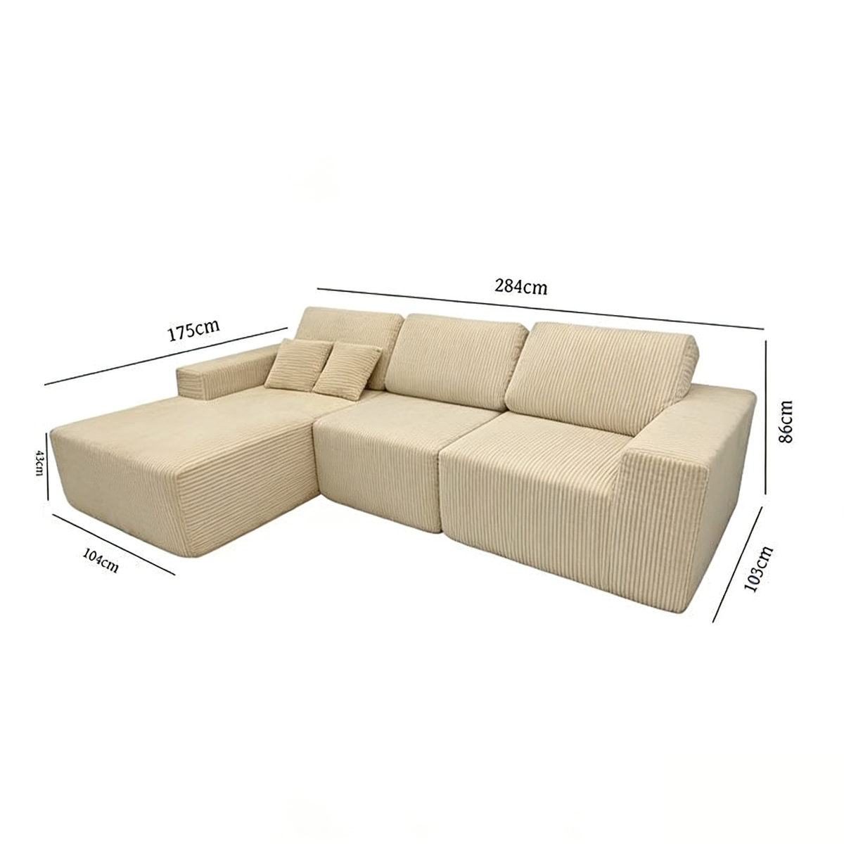 Teddy Compression Sofa Upholstered Velvet Chaise longue sofa For Four Person, High Rebound Density Sponge Sofa for Living Room, Bedroom, Apartment or Office, 284cm