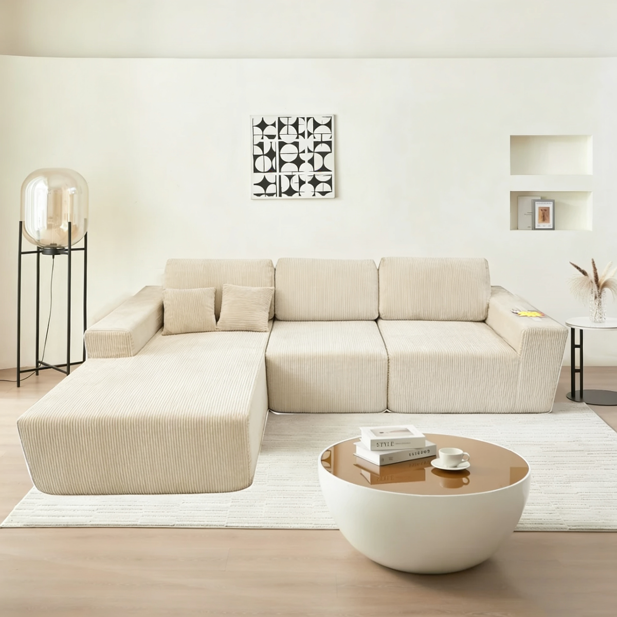 Teddy Compression Sofa Upholstered Velvet Chaise longue sofa For Four Person, High Rebound Density Sponge Sofa for Living Room, Bedroom, Apartment or Office, 284cm