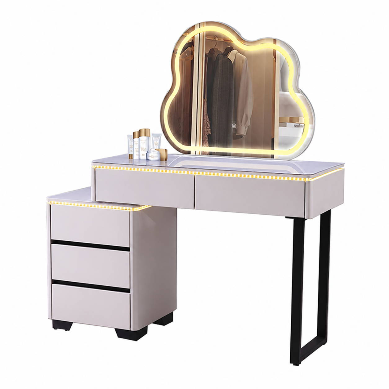 Modern Luxury Makeup Dresser with Cloud shape Mirror, 3 Drawer Glass Top Vanity Dresser and Led Light for Bedroom or Living Room (Light Grey)