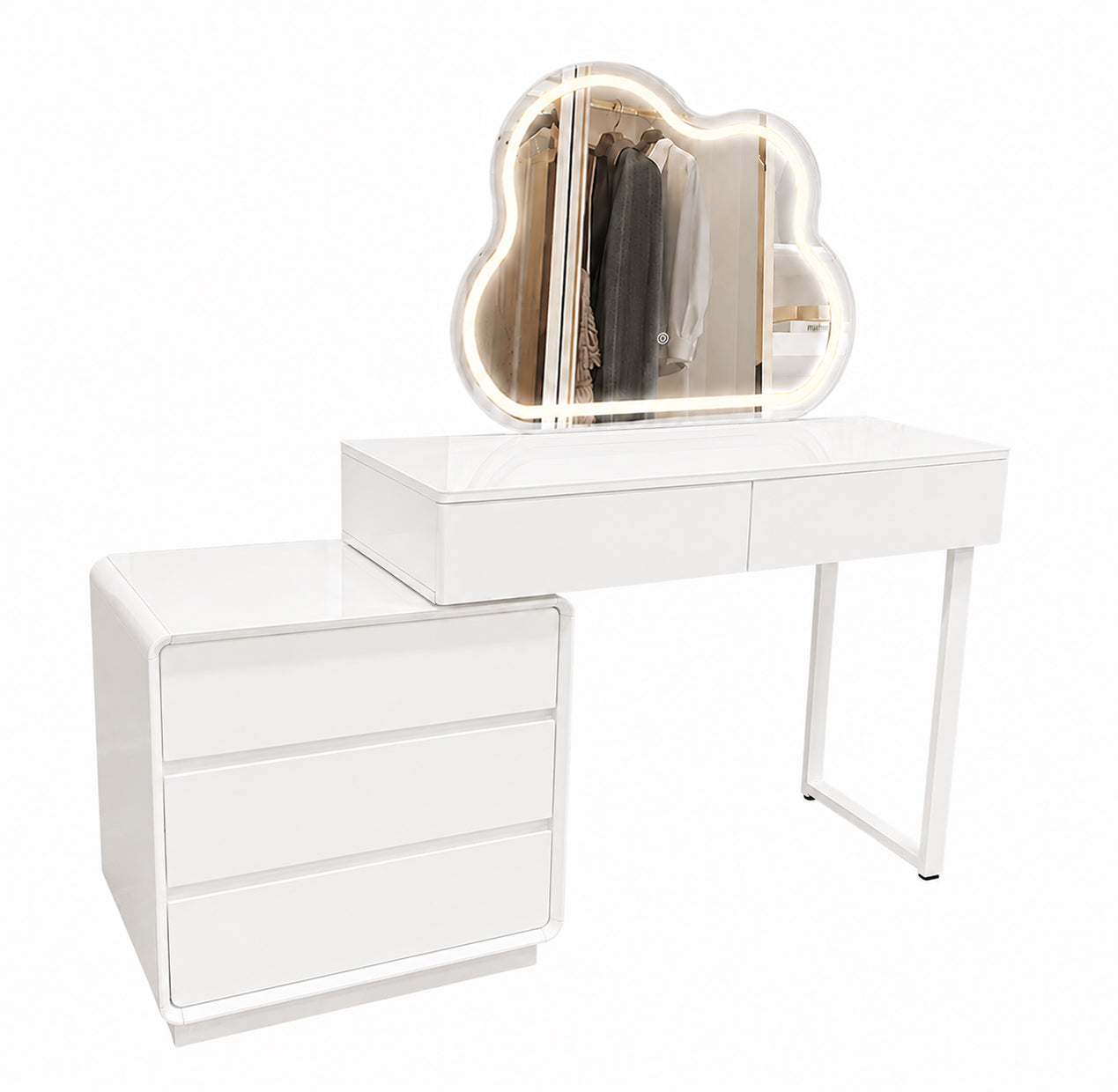 Modern Luxury Makeup Dresser with Cloud shape Mirror, 3 Drawer Glass Top Vanity Dresser and Led Light for Bedroom or Living Room