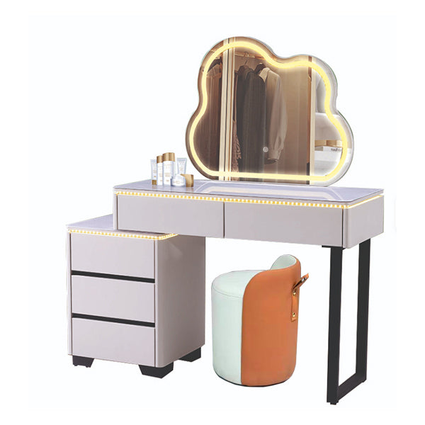 Modern Luxury Makeup Dresser with Cloud shape Mirror, 3 Drawer Glass Top Vanity Dresser and Stool with with 3 Color Tone Led Light for Bedroom or Living Room (Light Grey)