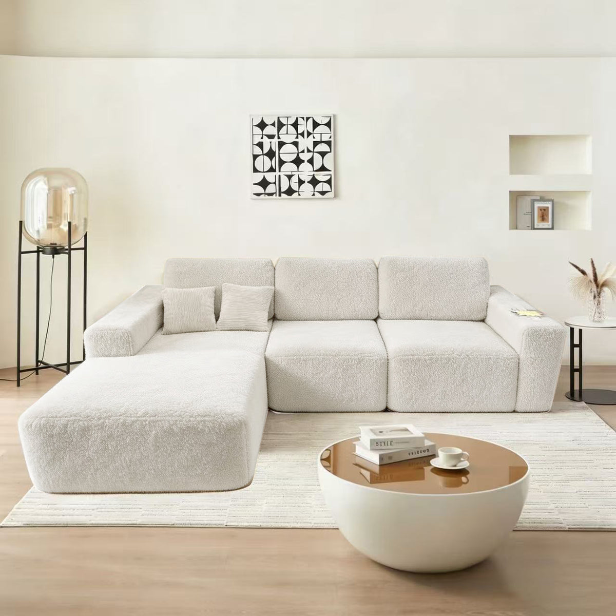 Teddy Compression Sofa Upholstered Velvet Chaise longue sofa For Four Person, High Rebound Density Sponge Sofa for Living Room, Bedroom, Apartment or Office, 284cm