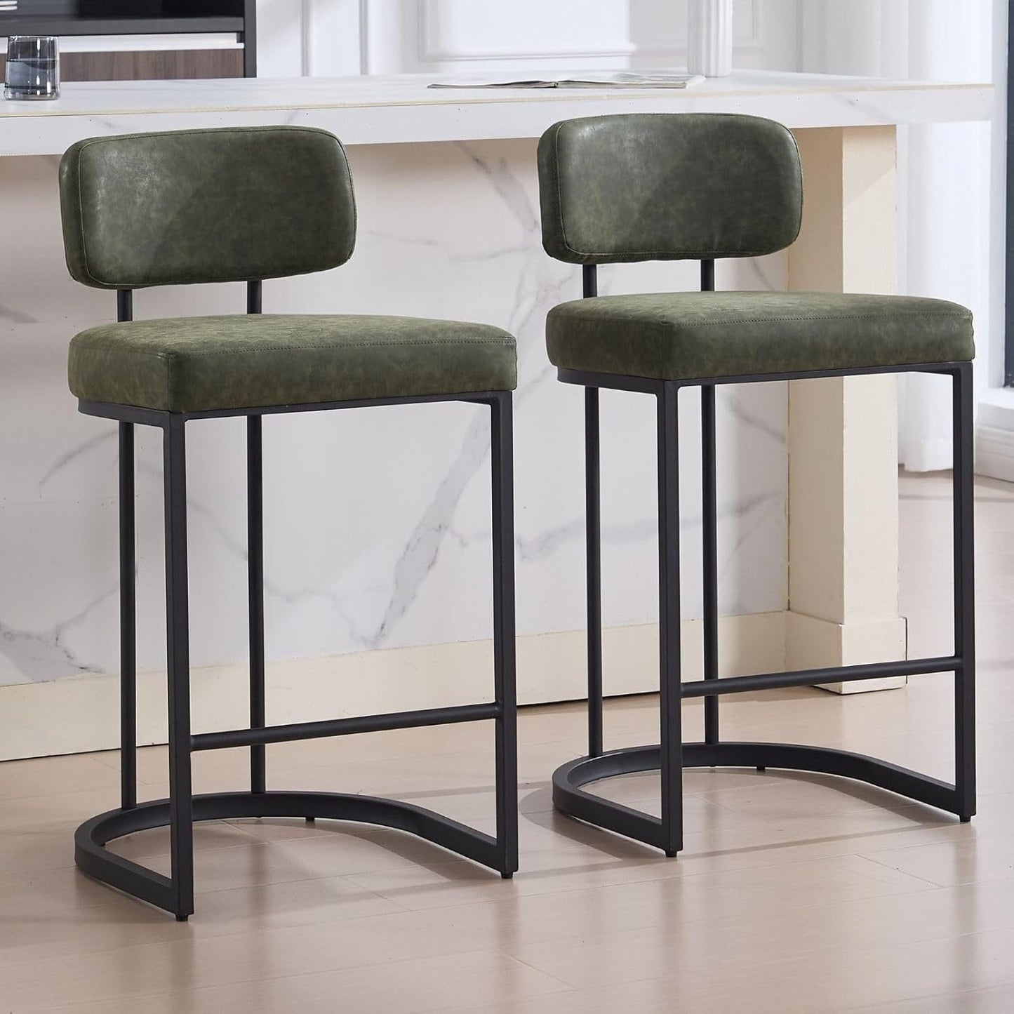 Set of 2 Bar Stools PU Leather Bar Stools with Backrest and Footrest, Kitchen Bar Stools with Metal Legs for Bar Counter Kitchen