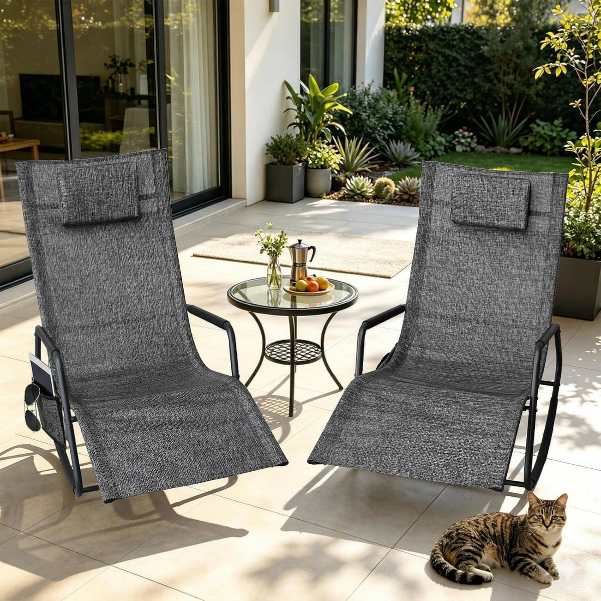 Set of 2 Outdoor Rocking Lounge Chairs, Ergonomic Textilene Chaise Loungers with Side Pockets & Removable Headrests, Breathable All-Weather Patio Chairs for Poolside, Garden & Porch, Gray and Beige