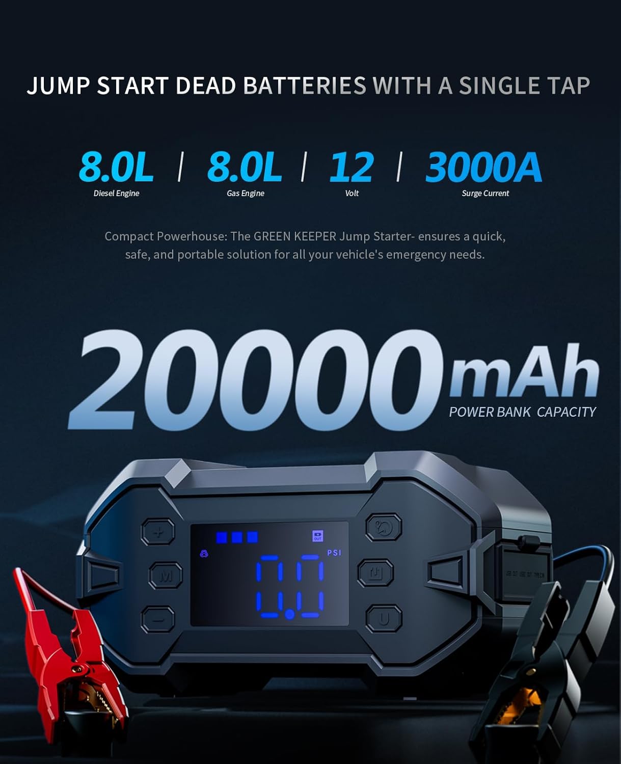 Portable 3000A Car Jump Starter with Air Compressor, 12V Battery Booster for Up to 8.0L Gas & Diesel Engines, Power Bank & Charger, All-Weather Use