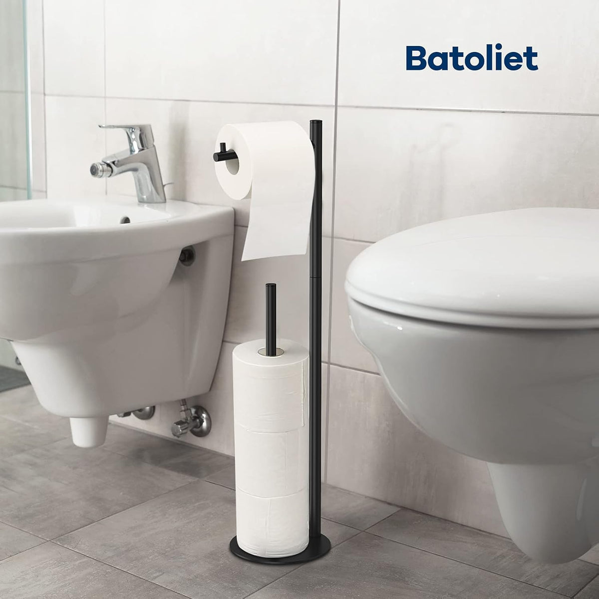 Toilet Paper Holder Stand, Bathroom Free Standing with Storage, Black