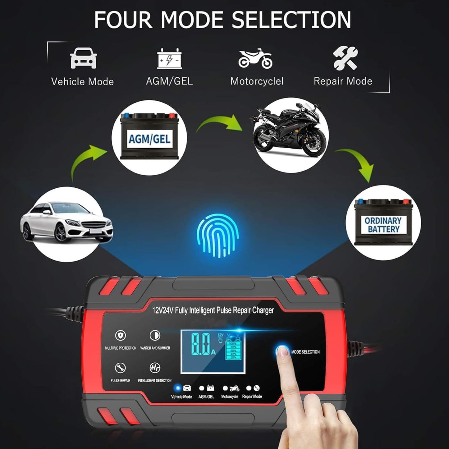 Maxxus 8A Battery Charger 12/24V Lead Acid Automatic Smart Car Battery Charger, Trickle & Pulse Repair, Automobile Battery Maintainer for Car Truck Motorcycle Lawn Mower Boat