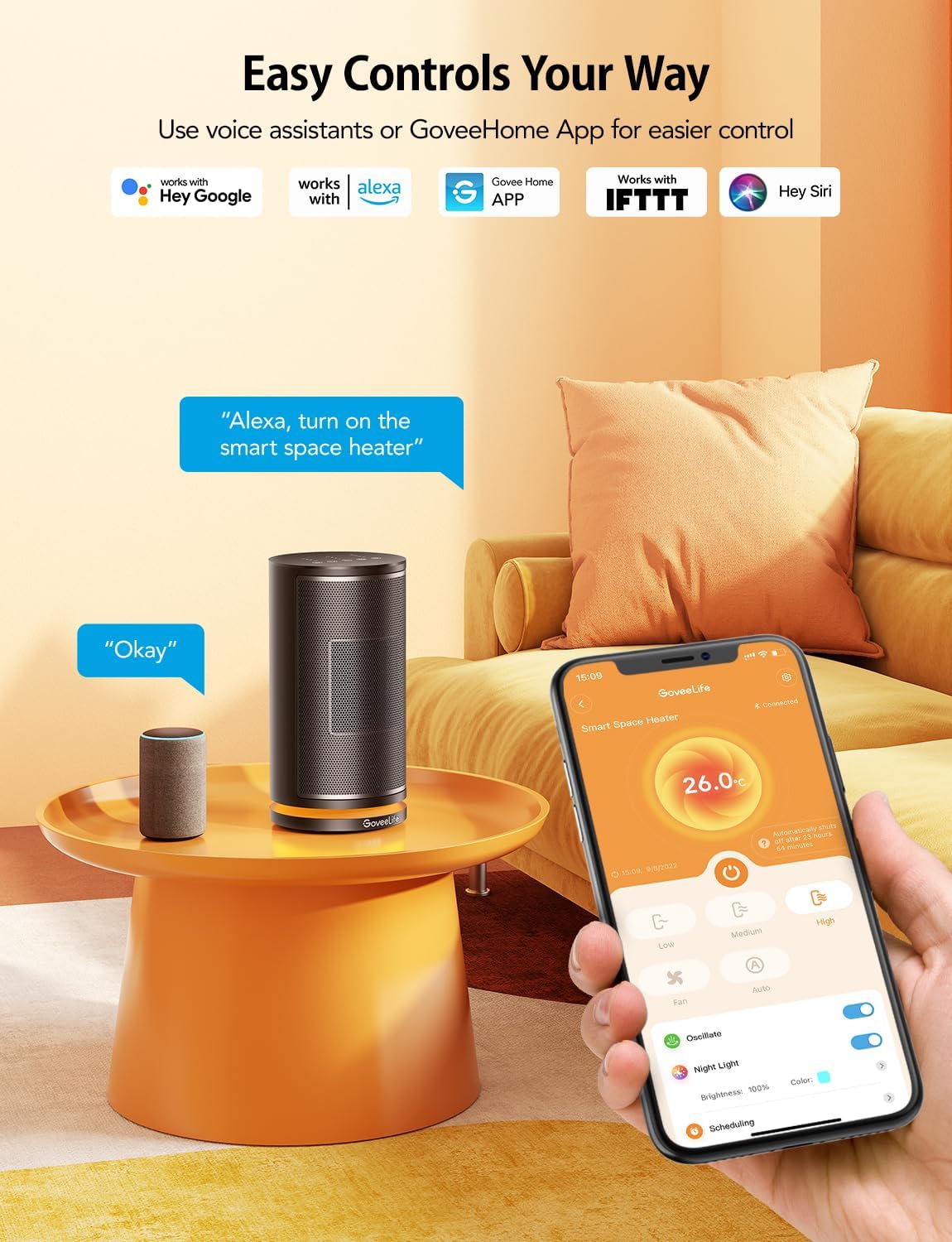 GoveeLife Smart Space Heater with Thermostat, 75° Oscillating Electric with Thermostat, App & Voice Remote, 24H Timer, Overheating & Tip-Over Protection, Energy ECO-Auto-Mode for Home Bedroom Office