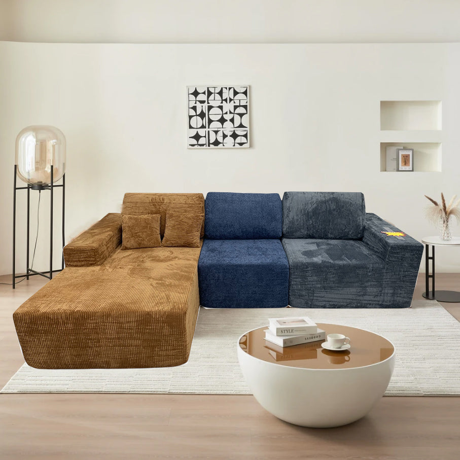 Teddy Compression Sofa Upholstered Velvet Chaise longue sofa For Four Person, High Rebound Density Sponge Sofa for Living Room, Bedroom, Apartment or Office, 284cm