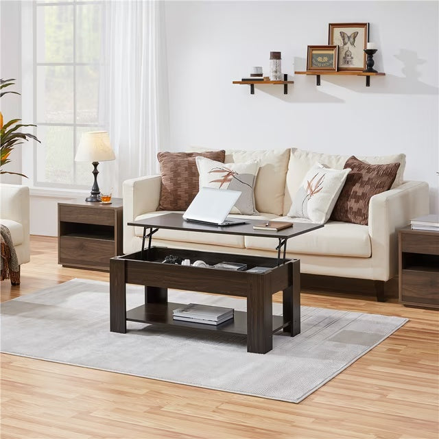 Wooden Lift Top Coffee Tables for Living Room, Rising Tabletop Wood Dining Center Tables, with Large Hidden Compartments and Storage Shelf for Home Balcony Tea Room(Espresso)
