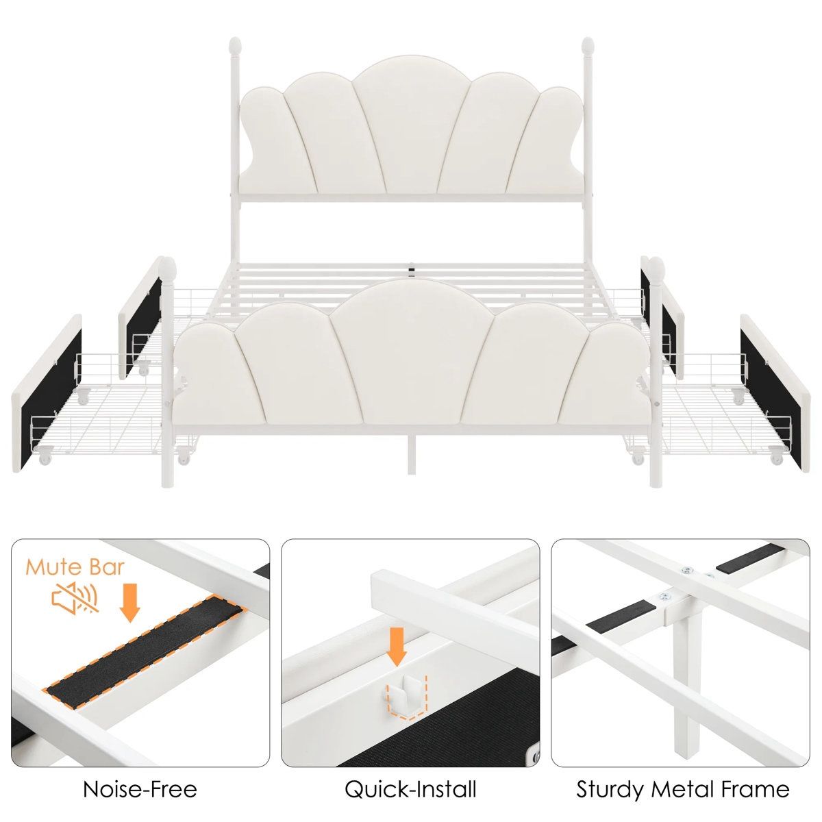 Velvet Upholstered Full-Size Bed Frame with 4 Storage Drawers, Cloud-Shaped Headboard, Sturdy Metal Slat Support, No Box Spring Required, Beige