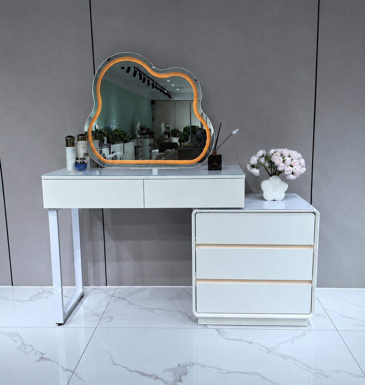 Modern Luxury Makeup Dresser with Cloud shape Mirror, 3 Drawer Glass Top Vanity Dresser and Led Light for Bedroom or Living Room