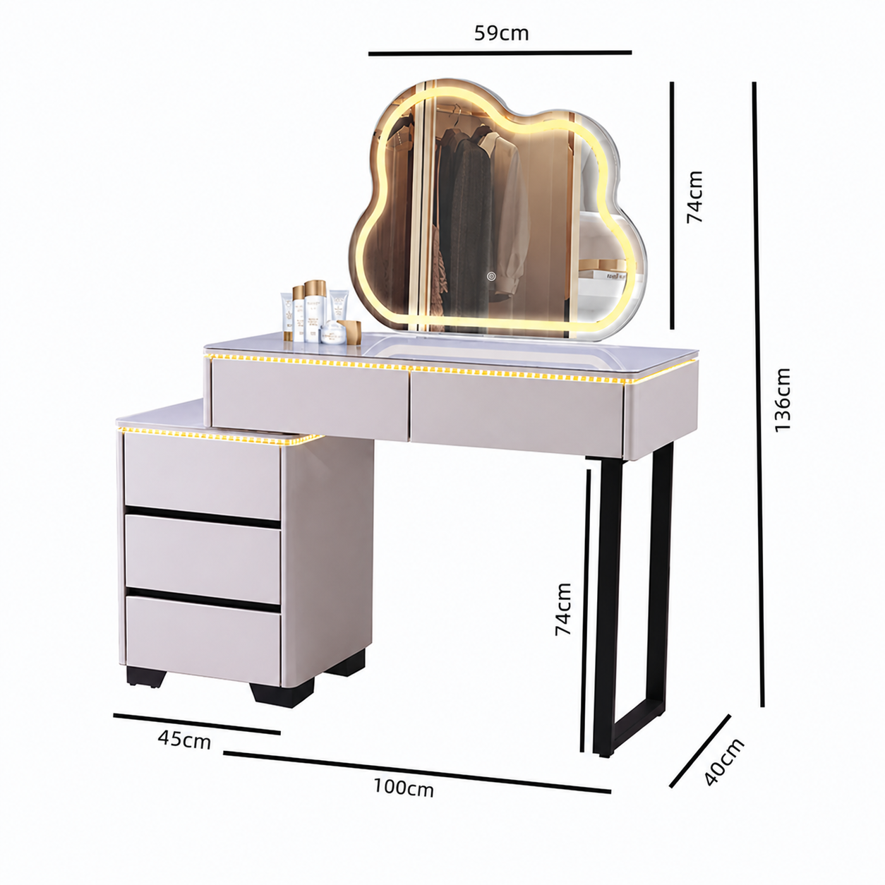 Modern Luxury Makeup Dresser with Cloud shape Mirror, 3 Drawer Glass Top Vanity Dresser and Led Light for Bedroom or Living Room (Light Grey)