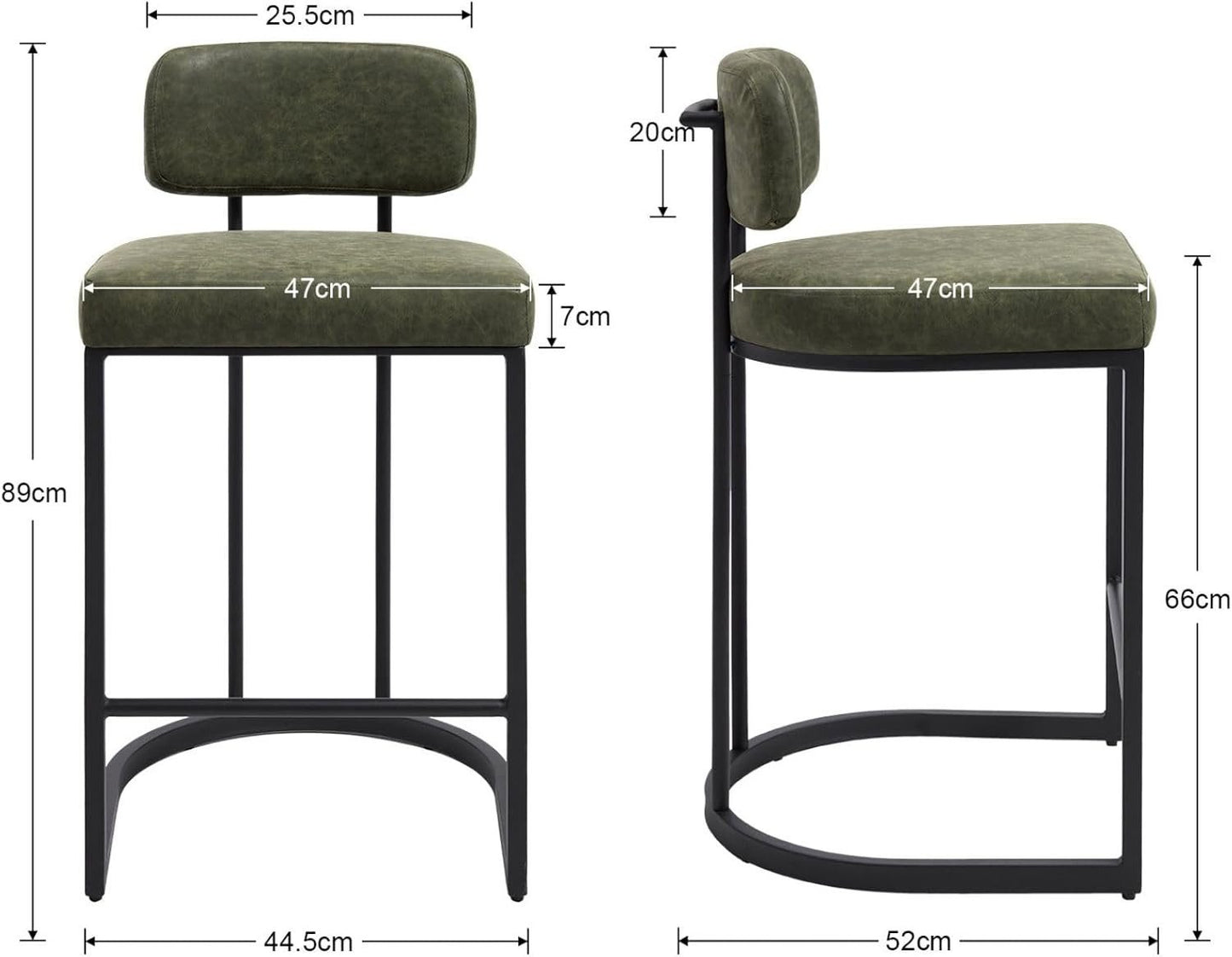Set of 2 Bar Stools PU Leather Bar Stools with Backrest and Footrest, Kitchen Bar Stools with Metal Legs for Bar Counter Kitchen
