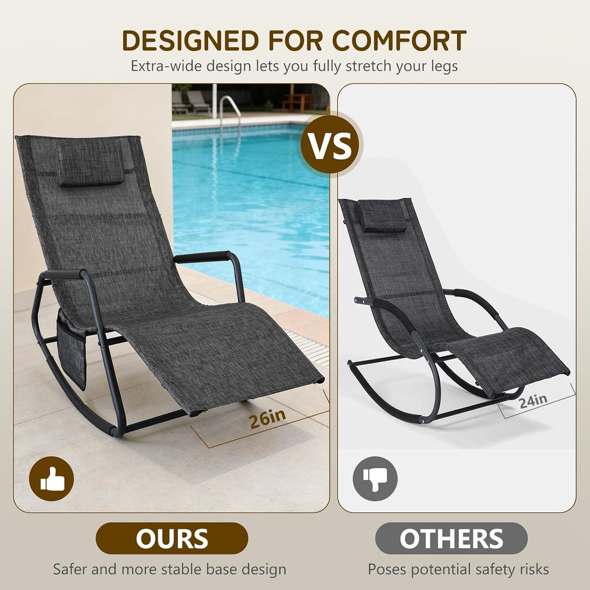 Set of 2 Outdoor Rocking Lounge Chairs, Ergonomic Textilene Chaise Loungers with Side Pockets & Removable Headrests, Breathable All-Weather Patio Chairs for Poolside, Garden & Porch, Gray and Beige