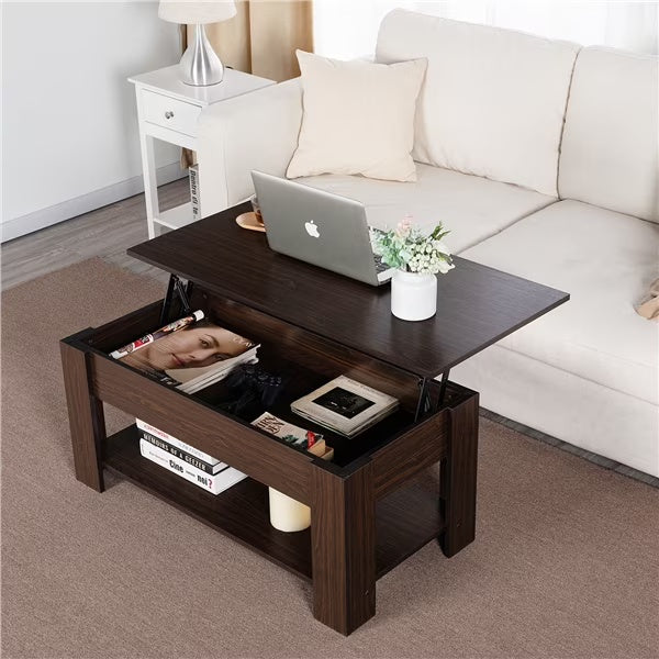 Wooden Lift Top Coffee Tables for Living Room, Rising Tabletop Wood Dining Center Tables, with Large Hidden Compartments and Storage Shelf for Home Balcony Tea Room(Espresso)