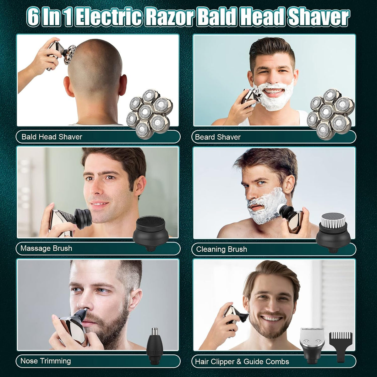 7D Head Shaver Detachable, 6-IN-1 Electric Razor LCD Display Skull Shaver for Bald Men 3 Speeds, IPX7 Waterproof Wet/Dry Electric Rotary Shaver Grooming Kit for Hair,Beard,Face Rechargeable