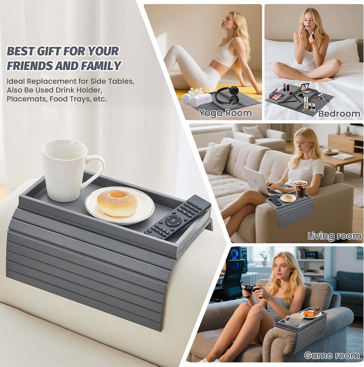 Maxxus Bamboo Sofa Arm Tray Table for Couch, Anti-Slip Armrest Clip On Tray, Cup Holder for Snacks, Phone, Control, Cups - Flexible and Foldable (Gray)